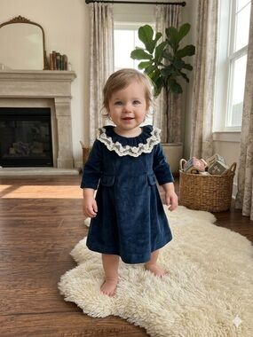 Foque Navy Velvet Dress with Cream Lace Collar - Girls Formal